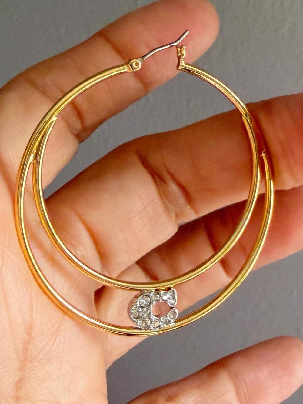 NWT Coach Gold Double Hoop Earrings with Crystal Accent - Picture 5 of 8